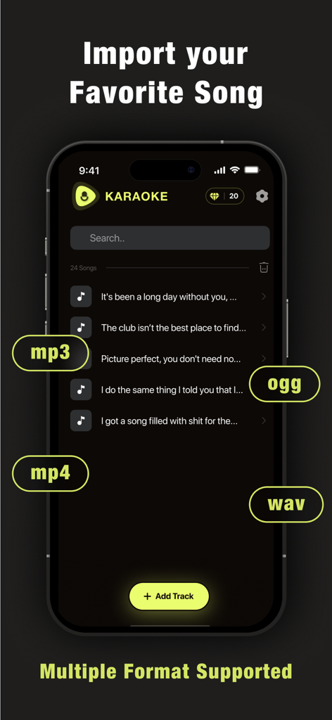 Vocal Remover & AI Separator - Interface showing how to import songs with supported formats like mp3 mp4 ogg and wav