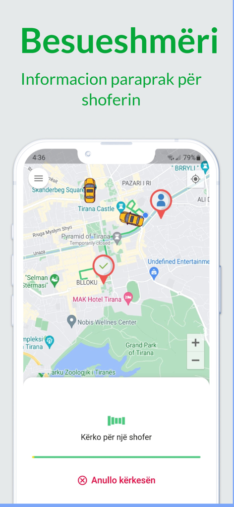 Smartphone screen showing the VrapOn taxi app interface with a map of Tirana and a driver search in progress