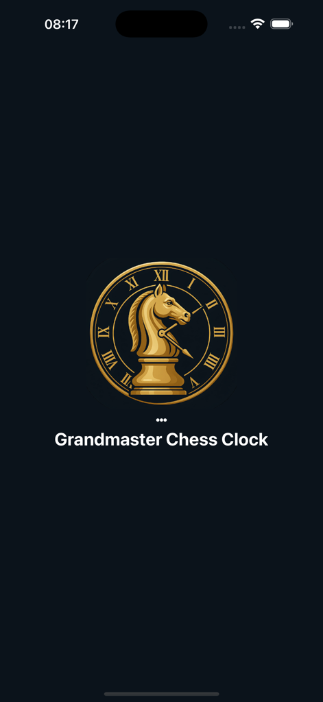 Grandmaster Chess Clock - Splash screen of the Grandmaster Chess Clock app featuring a golden knight and clock logo on a dark background