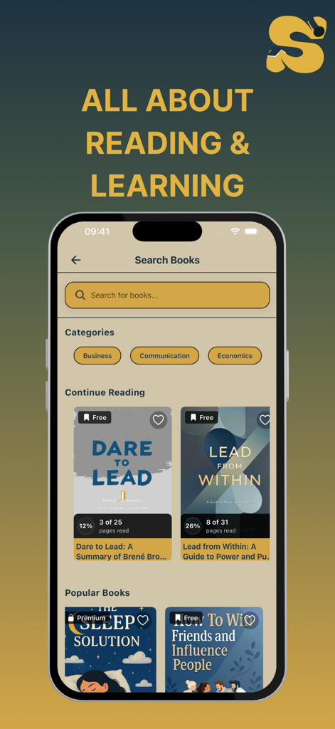 English Book Read : Storifine - Mobile screen of Storifine app displaying the book search interface with categories and popular self-improvement book titles.