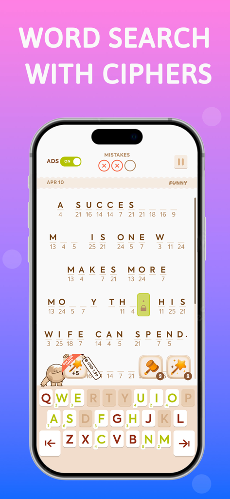 Cryptogram: Number & Word Game - A mobile phone displaying a word puzzle screen from the Cryptogram app where numbers are used to decode a quote