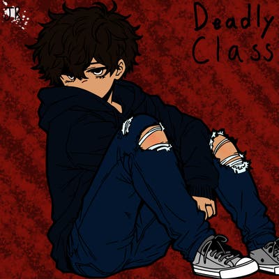 a male hoddie ripped jeans messy hair anime