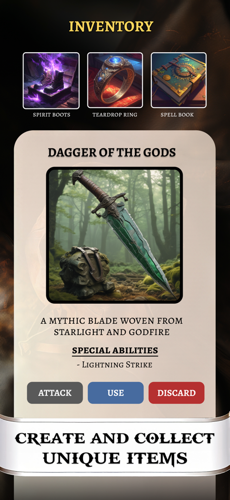 AI Game Master - Dungeon RPG - AI Game Master app inventory screen showing unique fantasy items including a mythic dagger of the gods with special abilities