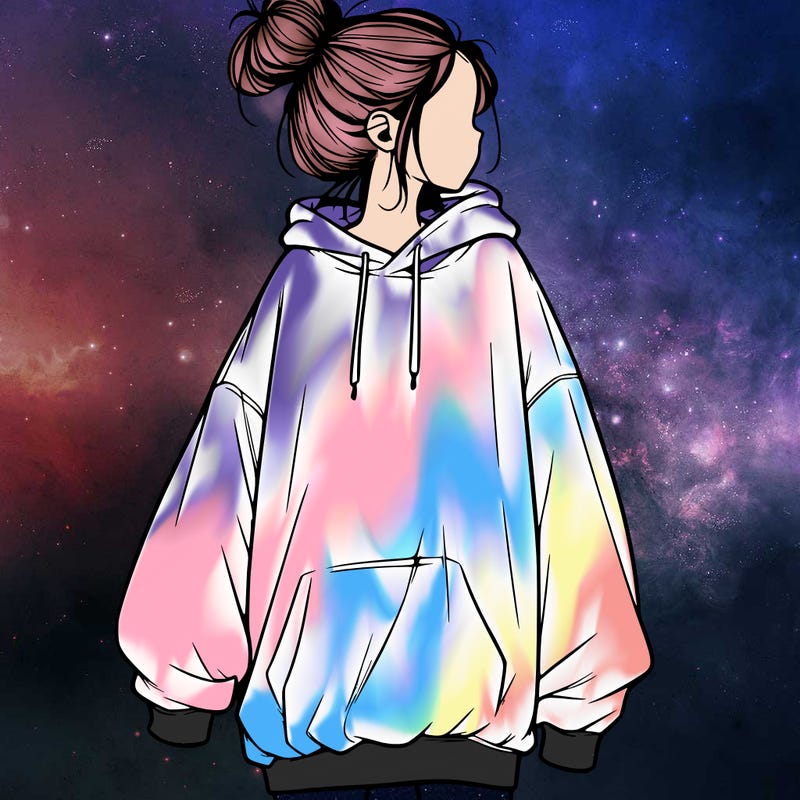 realistic girl with a oversized sweatshirt on and a bun