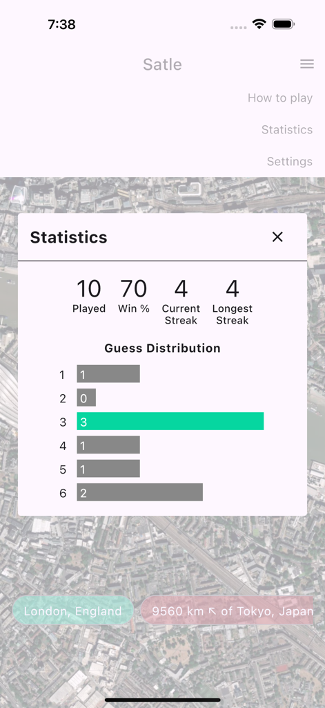 Statistics screen of the Satle geography puzzle app showing win percentage current streaks and guess distribution