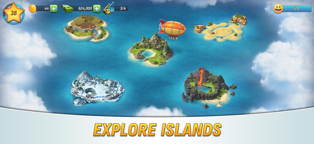 City Island: Deluxe Go Build - Map view showing different themed islands to discover in City Island Deluxe Go Build