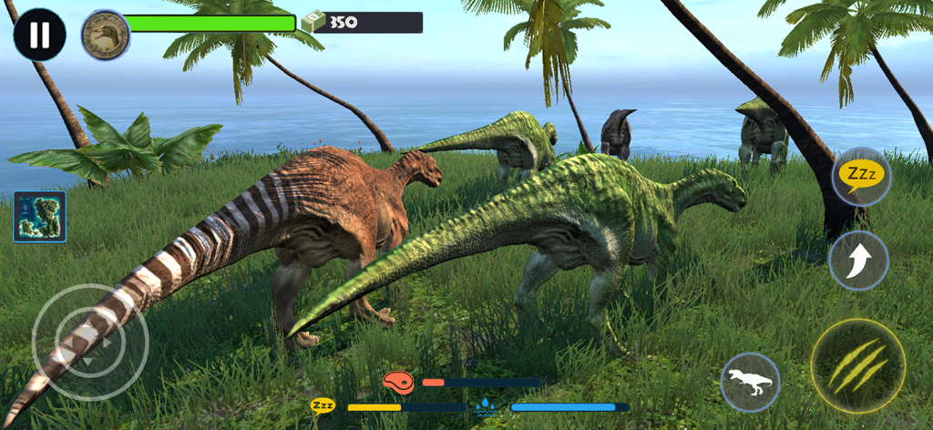 Jurassic Clash Primal Dino Sim - A group of dinosaurs grazing in a lush field near the ocean in the Jurassic Clash Primal Dino Sim game.