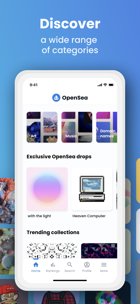 The OpenSea app interface displaying different NFT categories and exclusive digital art drops.