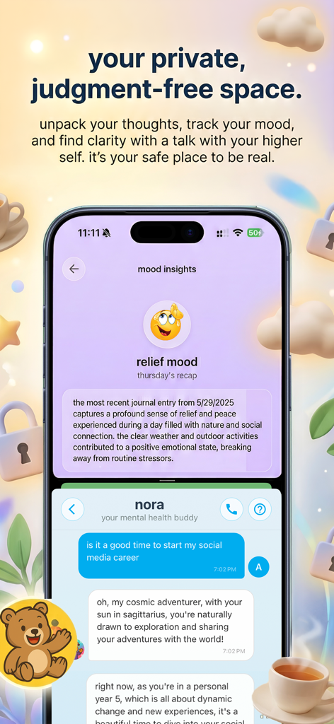 yap: dream astrology journal - Yap app interface showing mood insights and a chat with Nora the AI mental health buddy