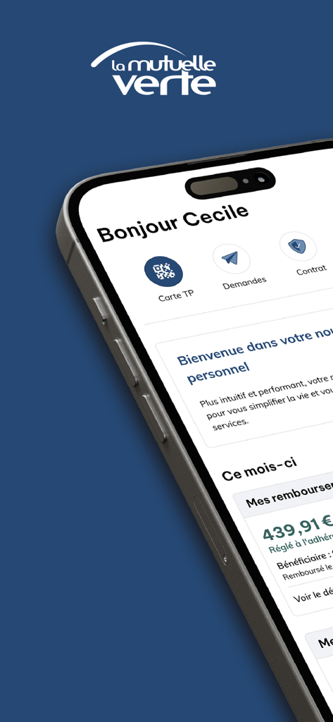 La Mutuelle Verte - Tableau de bord de l'application mobile La Mutuelle Verte affichant un message de bienvenue à l'utilisateur et un aperçu des remboursements de soins de santé mensuels