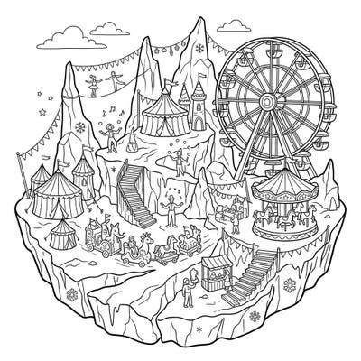 Experience the magic of a carnival high among the majestic Piedmont Glaciers with this unique coloring page. It's packed with whimsical circus tents, exciting fairground rides, and lively performers ready for your creative touch.