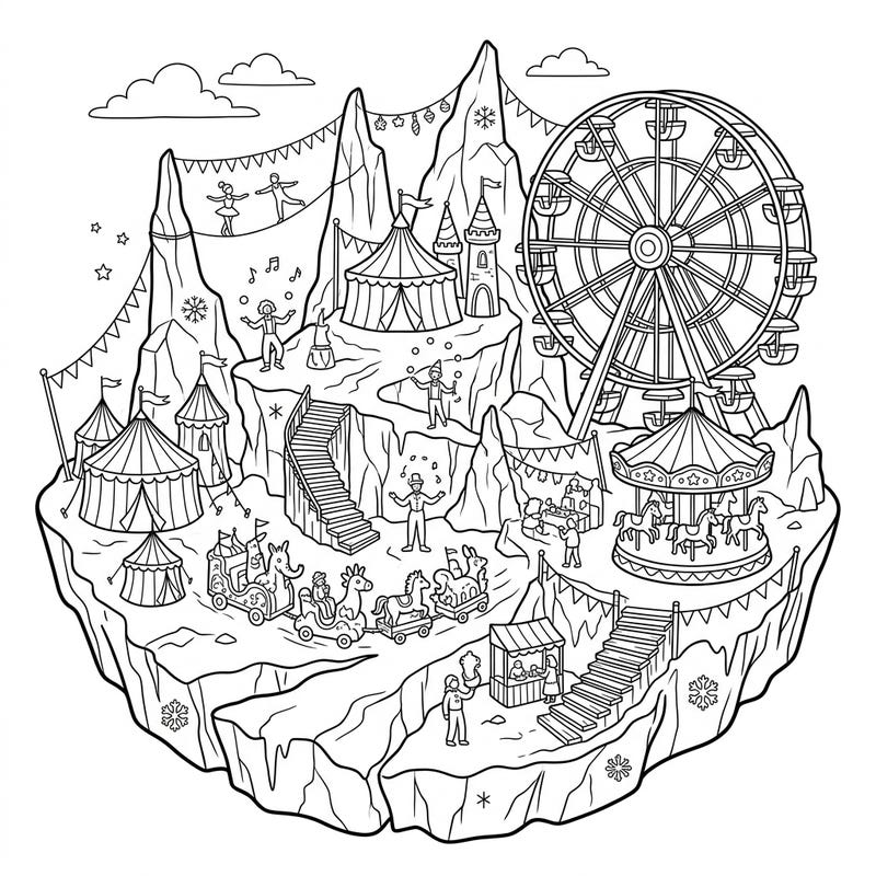 Experience the magic of a carnival high among the majestic Piedmont Glaciers with this unique coloring page. It's packed with whimsical circus tents, exciting fairground rides, and lively performers ready for your creative touch.