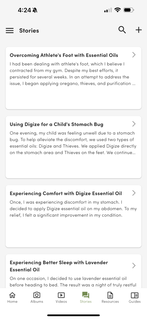 Life Steps - A screenshot of the Stories screen in the Life Steps app showing multiple user testimonials about using essential oils for various health concerns.