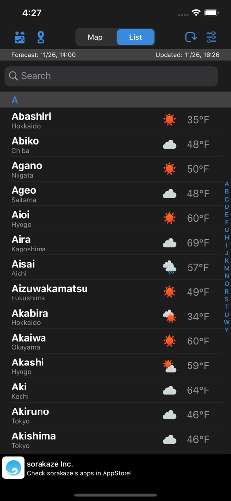 Aplicativo WeatherJapan exibindo uma lista de cidades japonesas com ícones de clima e temperaturas em Fahrenheit