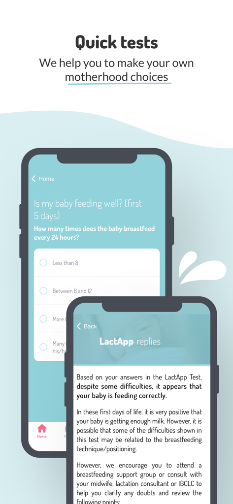 LactApp mobile app showing a breastfeeding assessment test and personalized results screen