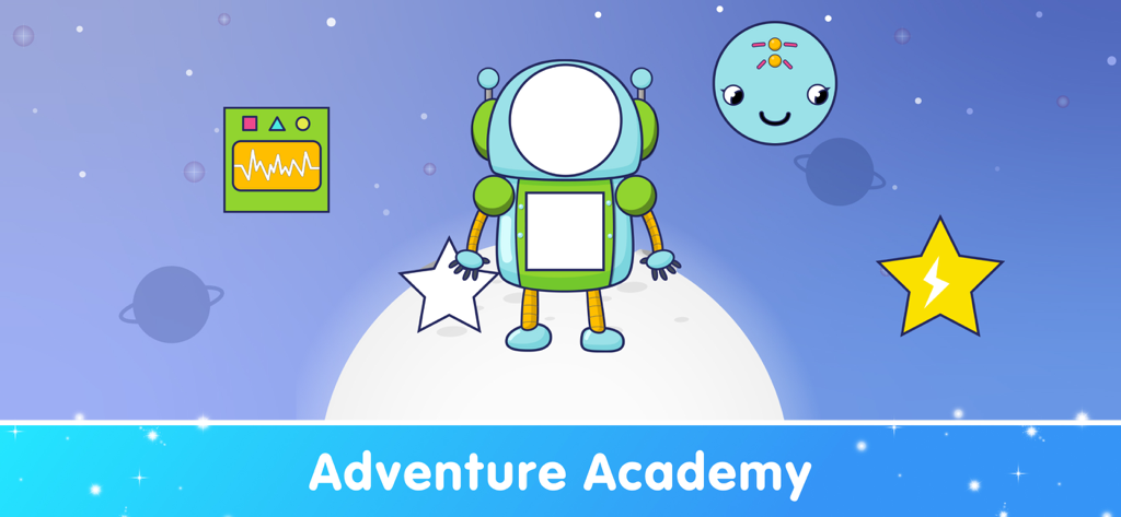 Kids Toddlers Learning Games - A colorful space-themed educational game screen for toddlers featuring a robot astronaut and a star.
