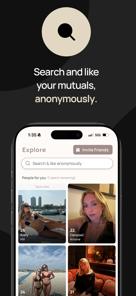 Explore screen of the Cerca app showing mutual friend profiles and a search bar for anonymous liking