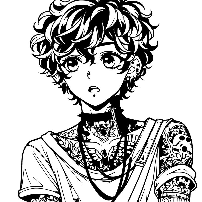 teen anime boy with curly hair  goth shirt lots of tattos and piercings