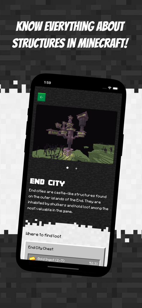 Guide for Minecraft Ultimate - A mobile screen showing information about End City structures and loot in the Guide for Minecraft Ultimate app.