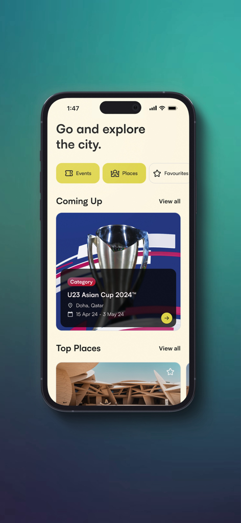 Hayya to Qatar - Capture d'écran de l'interface de l'application Hayya au Qatar affichant les événements à venir et les lieux populaires à explorer à Doha