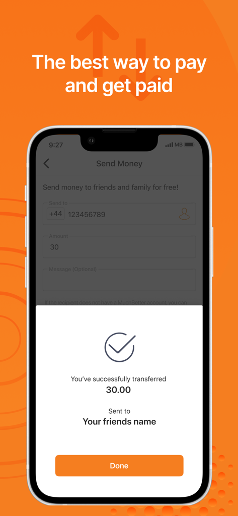MuchBetter - Interfaz móvil que muestra una transferencia de dinero exitosa en la aplicación MuchBetter