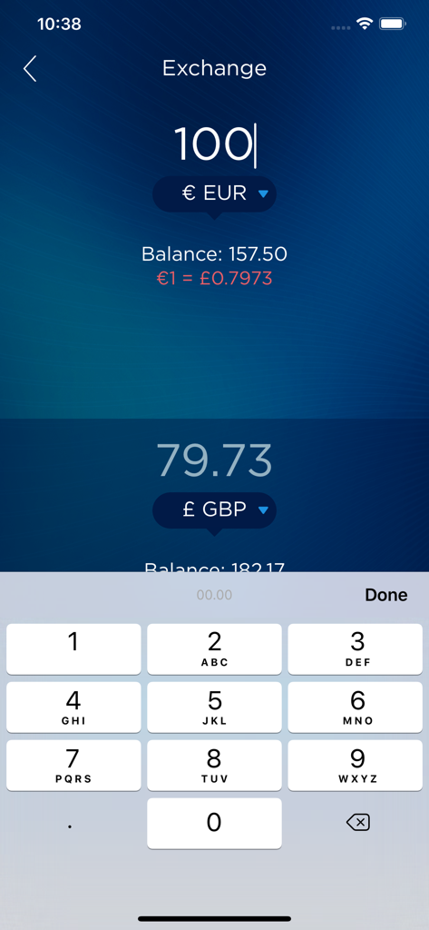Vault – Borderless Banking - Vault mobile app screen showing real-time currency exchange from Euro to British Pound