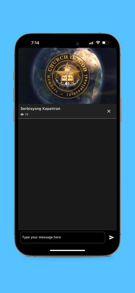 MCGI TV - A mobile screen showing a live religious broadcast on the MCGI TV app with an integrated chat feature for community interaction.