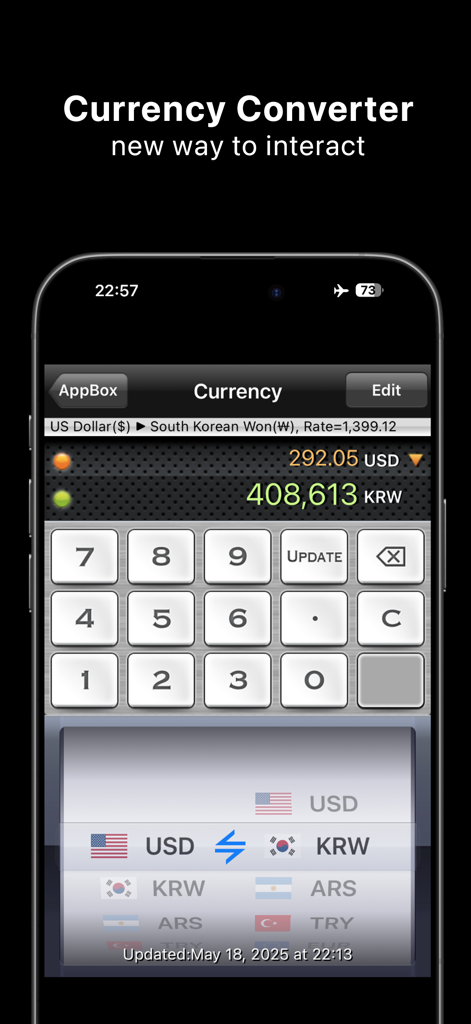AppBox: Useful 16 Apps in One - Herramienta de convertidor de divisas de AppBox que muestra el tipo de cambio de Dólar Estadounidense a Won Surcoreano con un teclado numérico grande