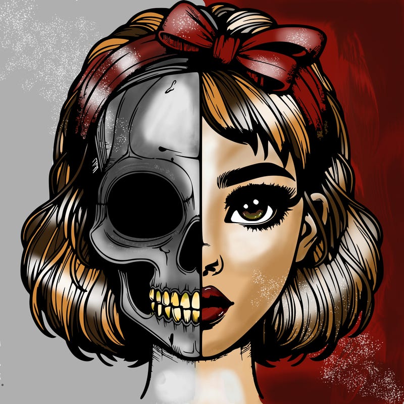 realistic girl with half skull mask