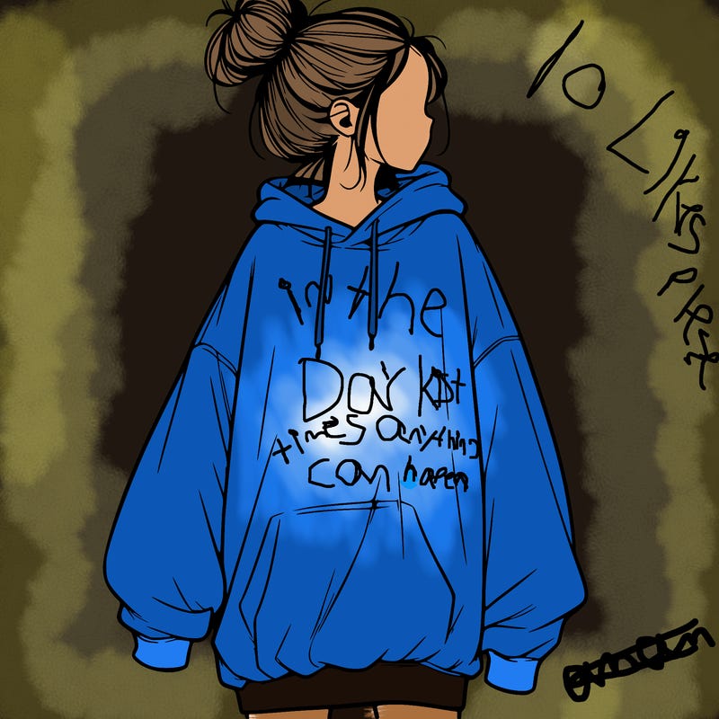 realistic girl with a oversized sweatshirt on and a bun