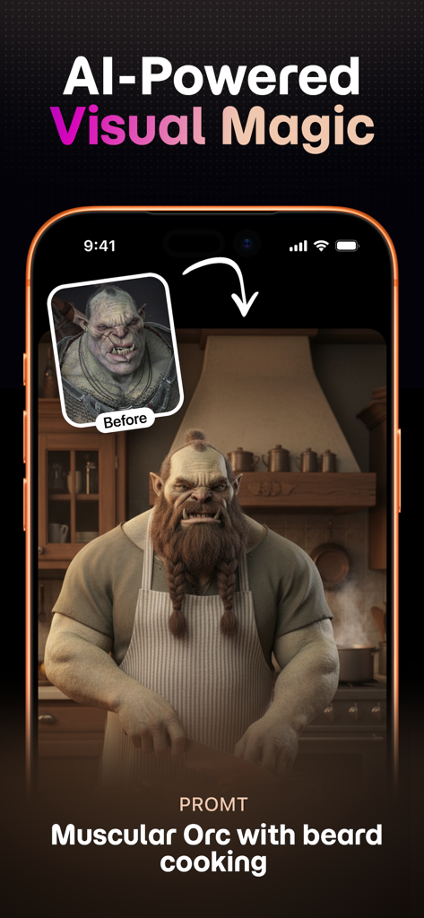 Superlook: AI Video & Photo - Uma tela de iPhone exibindo o aplicativo Superlook AI gerando uma imagem realista de um orc musculoso com barba cozinhando em uma cozinha com base em um prompt de texto.