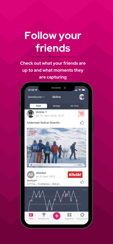 Skiline mobile App-Bildschirm, der die Friends-Feed-Funktion mit geteilten Skifotos und Leistungsstatistiken zeigt.
