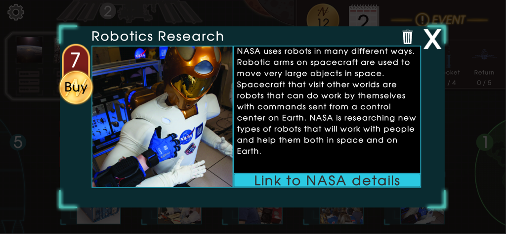 Pantalla de investigación de robótica en la aplicación NASA To the Moon and Beyond que muestra un robot y detalles de la misión