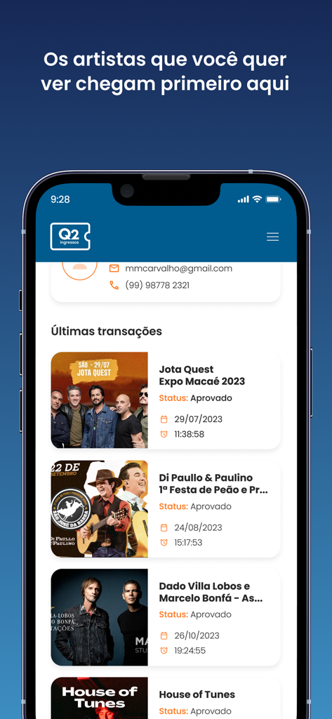 Q2 Ingressos app screen displaying recent ticket transactions for Brazilian music concerts