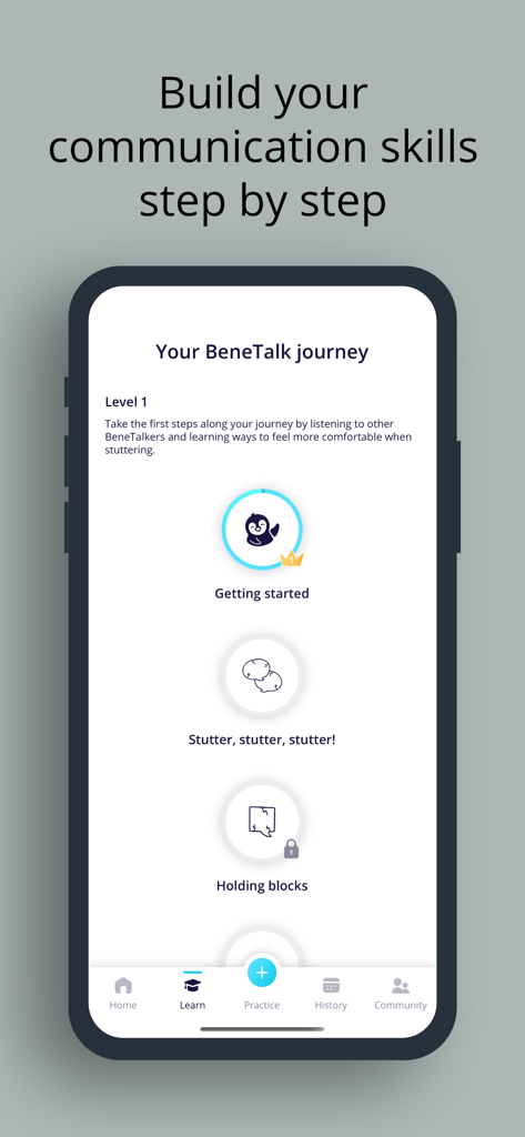 BeneTalk: Stuttering Coach - BeneTalk app interface showing a step by step speech therapy learning journey
