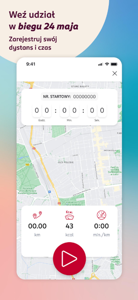 時間、距離、消費カロリーの指標が表示される地図トラッカーを示すRossmann Runアプリのインターフェース