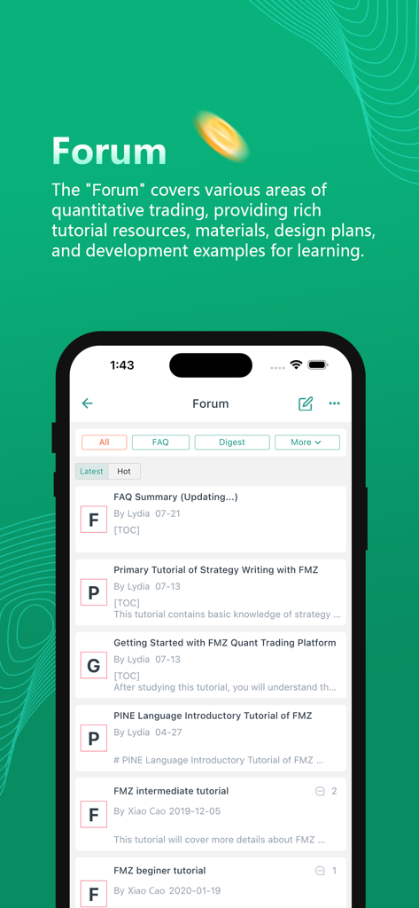 FMZ Quant - Community forum screen in the FMZ Quant app showing quantitative trading tutorials and strategy development resources.