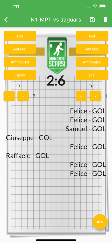 Interfaccia di taccuino digitale per tenere traccia dei punteggi delle partite e dei gol nel calcio giovanile.