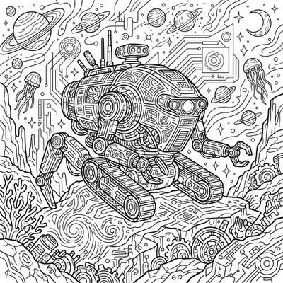 Embark on an epic coloring journey with this highly detailed exploration robot, crafted especially for adult colorists. Immerse yourself in a sci-fi universe brimming with intricate mechanical designs and cosmic wonders.