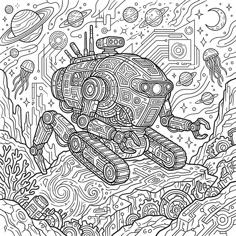 Embark on an epic coloring journey with this highly detailed exploration robot, crafted especially for adult colorists. Immerse yourself in a sci-fi universe brimming with intricate mechanical designs and cosmic wonders.