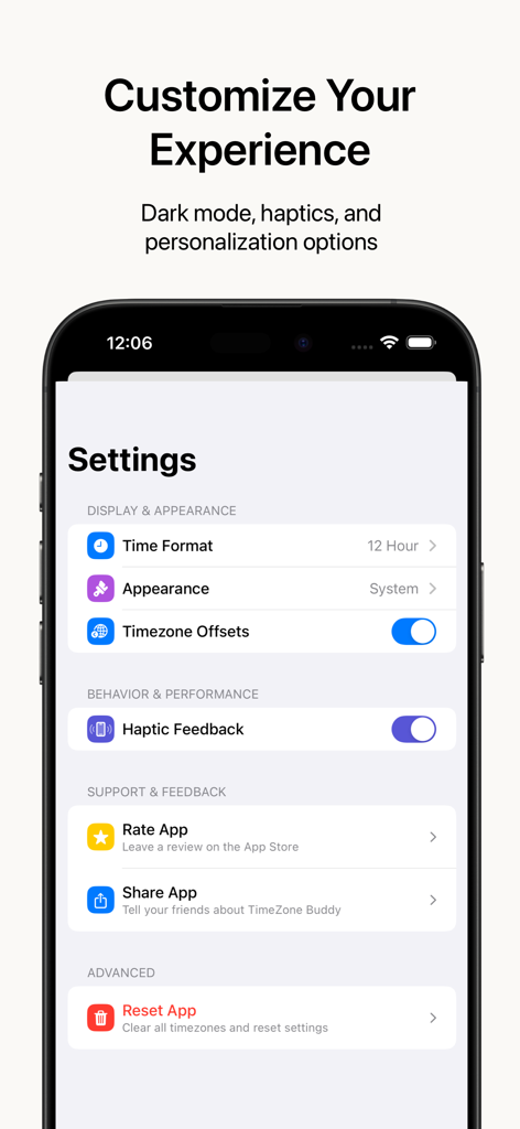 TimeZoner: World Clock - Menu delle impostazioni dell'app TimeZoner che mostra le opzioni di aspetto del display e feedback aptico per professionisti globali.