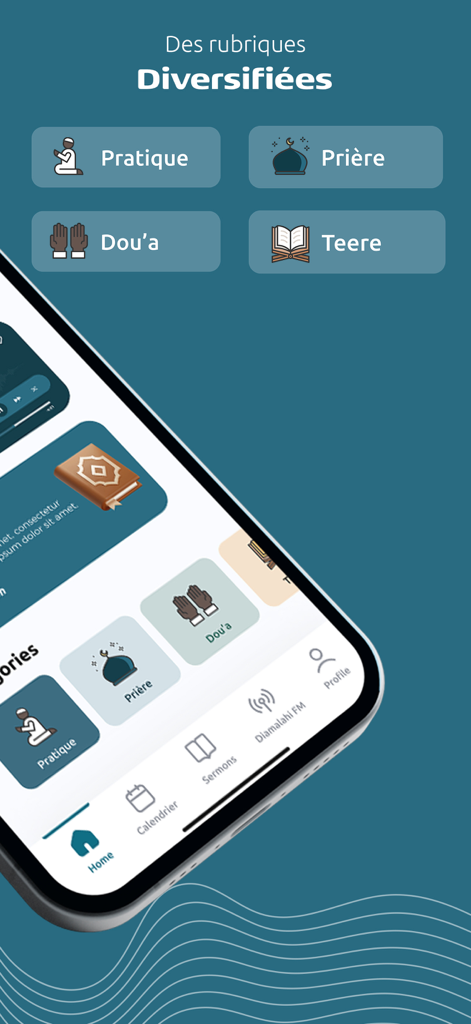 Layéne - Layene app home screen showing religious category buttons for prayer and spiritual practice