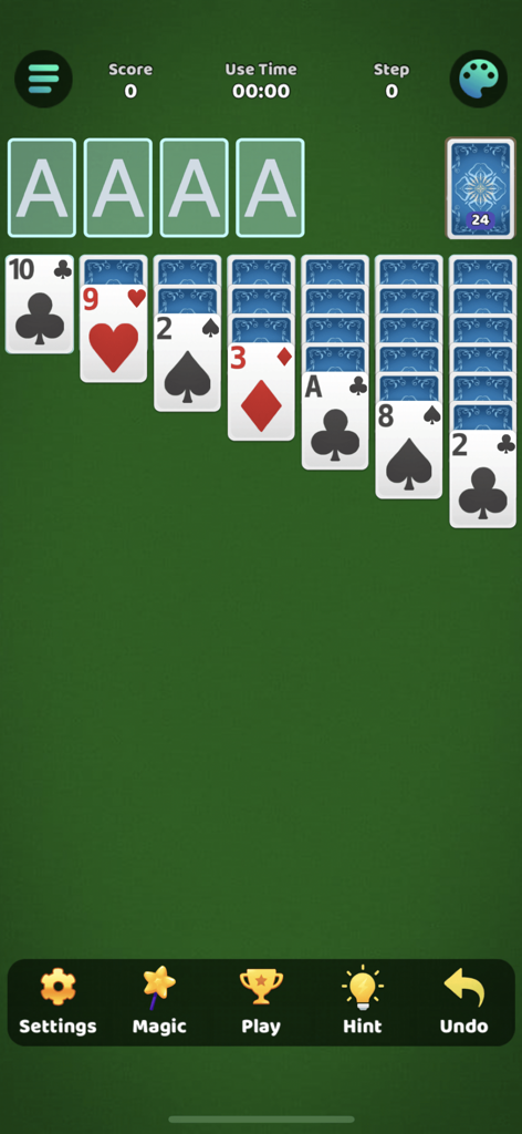 A classic Klondike Solitaire card game interface with a green background and easy-to-read cards