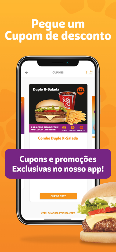 Smartphone screen showing exclusive discount coupons for burger combos on the Giraffas app