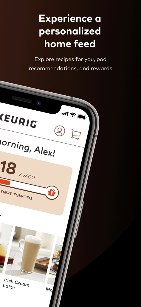 Keurig - Keurig app home screen showing personalized recipes and rewards progress