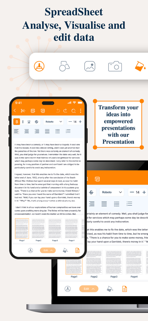 PPT Editor: Power Point Sheets - Mobile and laptop screens showing presentation and spreadsheet editing tools
