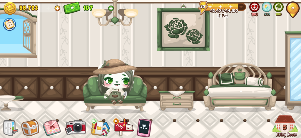 Happy Pet Island - A cute virtual cat wearing a hat sits on a green sofa in a decorated living room in the Happy Pet Island app