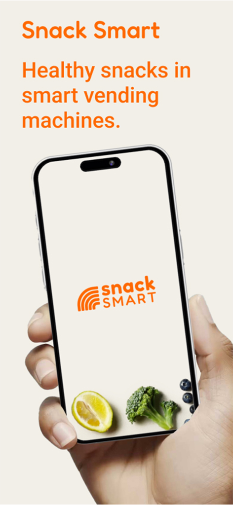 A hand holding a smartphone showing the Snack Smart app logo and healthy food icons