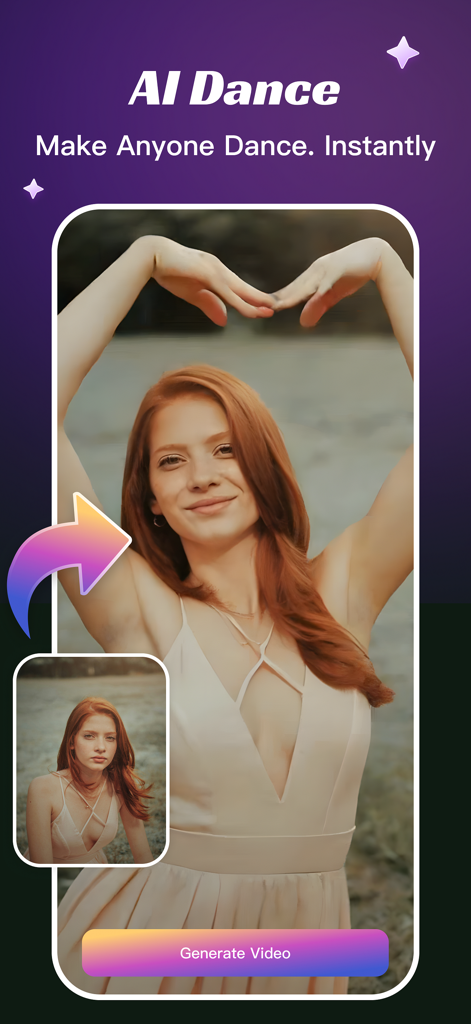 Interfaz de la aplicación SkyArt AI mostrando a una mujer en pose de baile con el texto AI Dance Make Anyone Dance Instantly