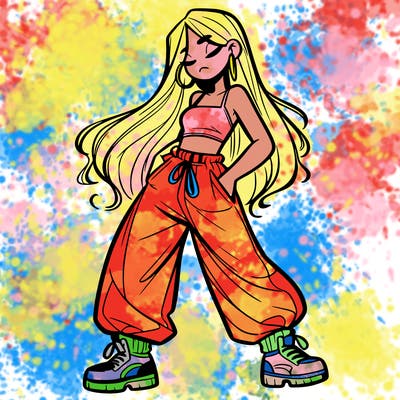 girl in baggy pants crop top and long hair